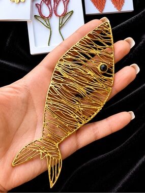 Zara XL Gold Fish Pendant | Textured & Hinged  structure | Statement Charm Luxe